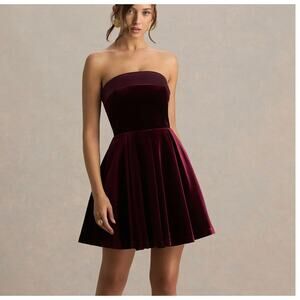 Club L London Mina Velvet Strapless Bandeau Mini Dress Red Burgundy 6
